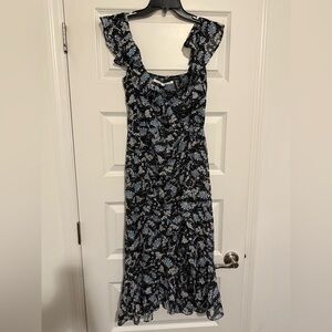 Veronica Beard Amal 100% Silk Navy & White Floral Ruffle Maxi Dress Size 2